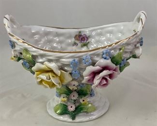 Made in Germany Porcelain Oval 2-Handled Basket Hand Painted with Applied Flowers.  (4”H x 5.5”W x 3.5”D)