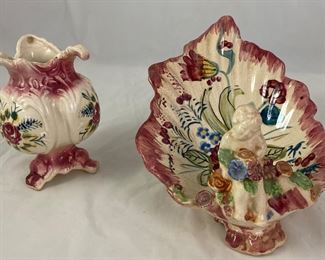 Vintage Japan Hand Painted Vase and Leaf Dish with Putti 