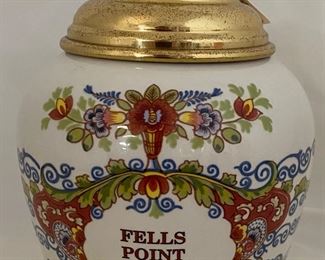 Royal Goedewaagen Delft Polychrome “Fells Point”Porcelain Tobacco Jar. 7.5” with Brass Lid