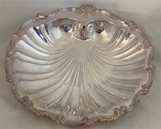 Vintage EPC Silver over Copper English Hallmarks Large Clam Shell Dish on 3 Ball Feet (15.5 x 15) 