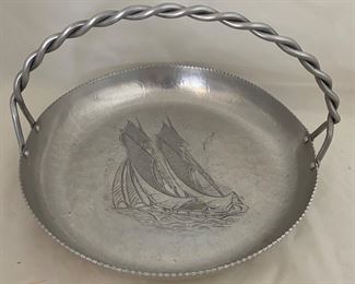 Vintage “Sailboats” Hand Forged Hammered Aluminum 13 inch Basket/Bowl with Twisted Handle