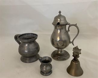 Miscellaneous Small Pewter Items:  Small Antique Tankard, Miniature Tankard, Pedestal Honey Pitcher & Ford “Ship” Finial Miniature Bell