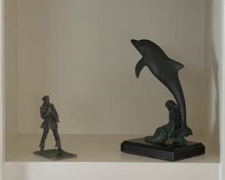 Top:  “Old Salt” The Gloucster Fisherman Bust.  Row 2: San Pacific International Dolphins Statuary (8”), “The Sea Captain” American Sculpture Society Fine Pewter (4 1/4”). Bottom: Time-Life Books, “The Seafaarers” by Douglas Botting, Editor.   Set of 13 Volumnes