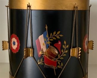 Vintage Mid-20th Century Military Drum Style Ice Bucket Hand Tole Painted with French Flag and Decorations.  Lid is decorated with twisted wire and Handle (8”H x 8”D)