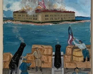 “Attack on Fort Sumter” Charleston Harbor, NC April 12-14, 1861.  Original Oil on Canvas Signed, R. Hight. (16” x 20”)