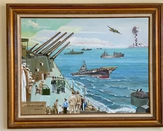 “The End and the Beginning” by N.P. Romano, Original Art on Canvas (40 x 30”) Depicting the Battle of the Midway, June 1942.  Framed in a Solid Wood Fame with an Inset Linen Mat (48” x 38”) 