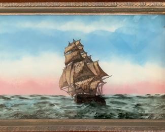 Antique Nautical Sailing Clipper Ship 19th Century Reverse Glass Painting (11.5” x 17.5”)