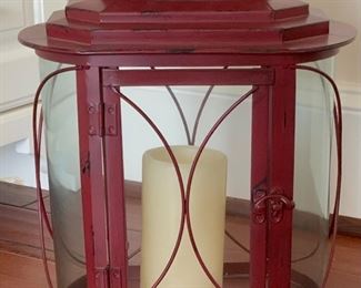 Americana Witchita Twin Red Iron Glass Globe Candle Lantern (15”H x 11”W x 6.75”D)