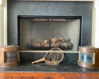 Antique Meteorite Starboard Solid Copper and C.B. LTD 10X7 Blue (P116253) & Red (P116252)Glass Ship Lantern. Antique Handmade wood Trout Fly Fishing Hand/Dip Net