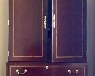 F. Moore Councill Furniture of North Carolina Maple Rope Inlay Mahogany Double Door Cabinet above 3-Drawer Chest with Polished Brass Hardware Raised on Ogee Bracket Feet. Armoire/Wardrobe/Entertainment Center (42.5”W x 21 7/8”D x 77”H) 