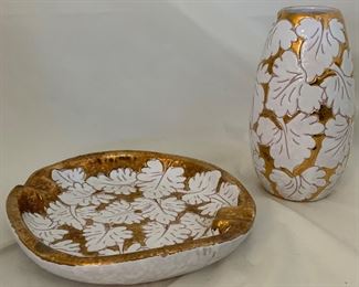 Mid-Century Italian Ceramic Gold Embellished Incised Leaf Pattern 8” Ashtray and 7” Vase