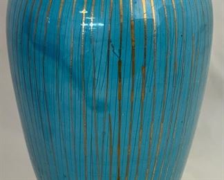 Mid-Century turquoise with Gold Stripling Ceramic Vase (7.5” H x 4”D)