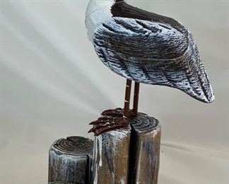 Pelican with Fish in Mouth Sitting on Post (10.5”H x 4.5”W X 5”D)