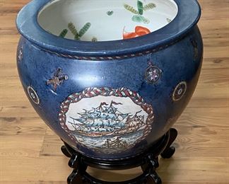 Vintage Porcelain Oriental Koi Fish Bowl/Planter Hand Painted with Tall Ship Sailing Vessel on Wooden Stand.             Bowl (11.5”H x 14.5”D) Stand 6”H