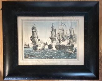 American Naval Scene  for the Revolutionary War  Vintage  Framed  Print  of  The action between the frigates 'Bonhomme Richard'  Commanded by Capt John Paul Jones and The 'HMS Serapis', during the Battle of Flamborough Head, 1779. The original by Artist Richard Paton (1717-1791) ”Print 9x12 w/Frame 17 3/4” x 13 3/4”