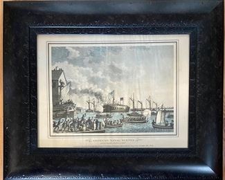 American Naval Scene of the  Launch  of the Fulton Steam Frigate  the First Steam Frigate Designed By Robert Fulton (Also Known as Demologos And Fulton The First) Launched in New York City 29 October 1814. Print 9x12 w/Frame 17 3/4” x 13 3/4”