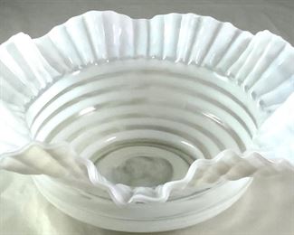Jefferson Glass, White Opalescent Stripe Blown Art Glass Bowl (11”D)