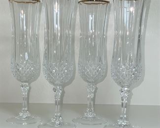 Cristal D’Arques Durand “Longchamps “ Gold Rim Crystal Water Champagne Flutes 4 each (1978-2001)