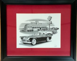 Thomas Sansouce Flashback Series 2001 Signed Black and White 1956 Ford Thunderbird Print (14” x 11”) 2200 Framed with Red Mat (23” x 19”)