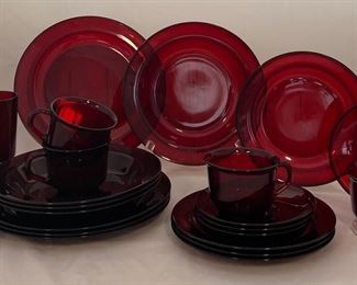 Arcoroc (France)  “Classic Ruby” 5 Piece Place Setting Dinner Ware Set:  Dinner Plates (4 ea), Salad Plates (4e) Rimmed Soups (4 ea) and Cups & Saucers (4 ea).  Also Shown Luminarc Cristal D’Arques-Durand “Cavalier Ruby” Goblets (2ea)