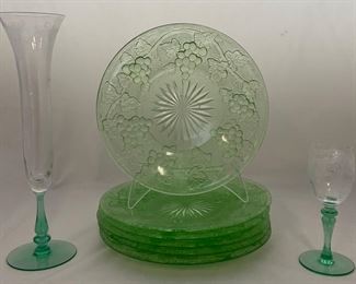 Tiring-Franciscan “Luciana” 10.5” Bud Vase & 5 1/4” Liqueur shown with Depression Era “Grapes/Leaves” Embossed Pattern Salad Plates (Unk. Mfg.)