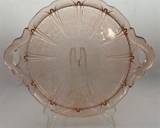 Jeannette Glass Company “Cherry Blossom” Pink Depression Era Handled Tray 12 5/8”
