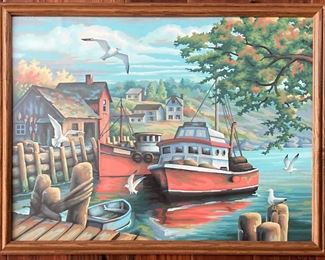 Vintage Paint by Number Mid Century Dock Scene Framed (26” x 20”)