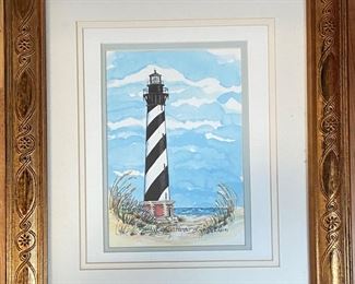 The Hatteras Light House built in 1870 on Hatteras Island North Carolina From the Series of “Great American Lighthouses”  by Donna Elias 1994 6’ x9’ Artwork , Quad-Mat in Gold Leaf Frame (13 3/4’ x 16 3/4”)