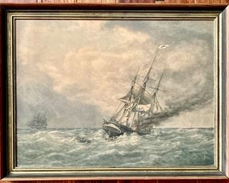 “Poland” of New York Burning at Sea on Passage from New York to Harve, France (May 18, 1840 Framed Print by the Cape Cod Picture Framing Service  (Overall 27” x 20 3/4”) c. 1940’s