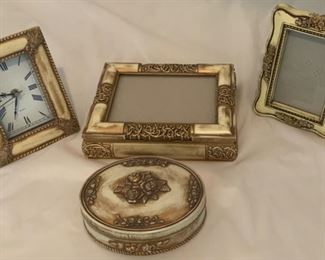 Cream/Gold Rose Oval Trinket Box (6” x 5“), Gold & Cream Quartz Clock(5 1/4” x 6 3/4”), Jewelry/Treasure Box (7” x 8.5”), 3 x 5 Picture Frame (5 1/4” x 7”)