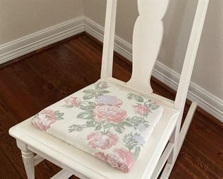 Vintage/Antiques White Fiddle Back Rocker with Turned Legs and Floral Upholstered Cushion Seat c.1920’s
