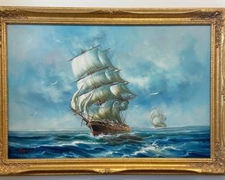 Artist Rupert Hyman Tall Full-Rigged Sailing Ship w/ Baroque Style Gold Gilt wood Frame (41.5” x 29.5” overall) 