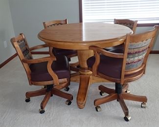 POTTERY BARN TABLE W/ LEAVES & FOUR (4) LEATHER SEAT CHAIRS ON WHEELS / WITH ARMS