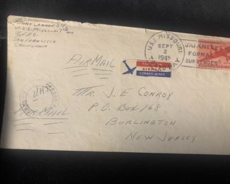 WWII Japanese Surrender, USS Missouri postmarked letter, September 2, 1945.  Letter references that the USPS cancellation stamp was for that date only and will be destroyed, also a candid description of events. WW2, veteran, US history. 
