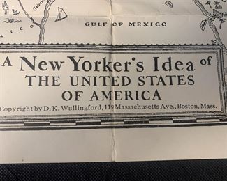 ntage satirical or "ironic" map, "A New Yorker's Idea of the United States of America" shows the perspective of a New Yorker, with New York shown in oversized proportion to the entire country. D.K. Wallingford, Boston.