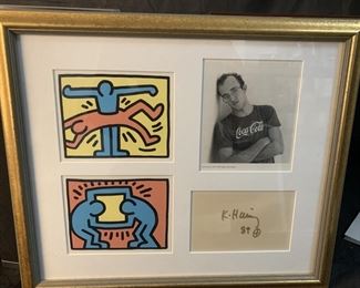 Keith Haring Framed Autograph with Photo and Small Prints. 