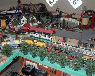 FULL TOWN WITH 3 TRAINS RUNNING THUR IT - WITH BUILDING - VEHICALS - TREES - PEOPLE - BASEBALL FIELD & PLAYERS -