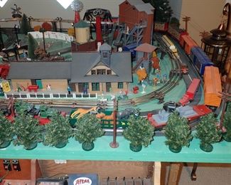 FULL TOWN WITH 3 TRAINS RUNNING THUR IT - WITH BUILDING - VEHICALS - TREES - PEOPLE - BASEBALL FIELD & PLAYERS - TRAIN STATION