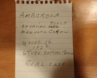 AMBOROLA RADIO/ AMERICAN BOSCH / MAGNETO CORP/ MODEL 16 1925 / 6 TUBE BATTERY RADIO / BURL CASE