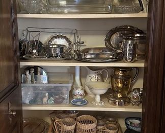 GLASS PYREX, STAINLESS/SILVERPLATE, CANDLES, WOOD SALAD BOWL SET