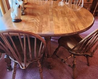 Nice Fold Down Colonial Maple Table w/Leafs/Protectors,  Four Vintage Windsor Chairs 