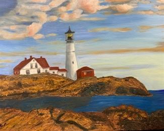 RVP Signed Light House On Shore Acrylic Painting
