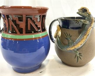 2 Signed Assorted Pottery Vessels W Gecko Handles
