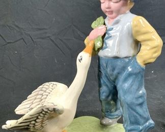 Signed Porcelain Dutch Boy W Goose Figure
