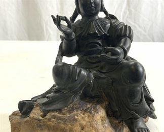 Stone & Wood Seated Buddha Sculpture
