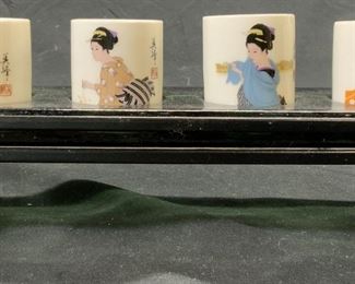 Vntg Porcelain Sake Set W Glass & Metal Holder
