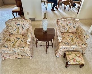 Floral Upholstered Chairs, Vintage Drop Leaf End Table