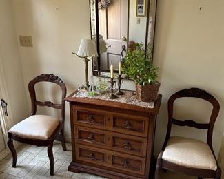 Small Solid Wood Dresser, Beautiful Vintage Hanging Mirror, Wood Side Chairs