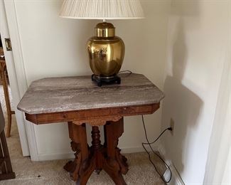 Antique Marble Top Accent Table, Lamp