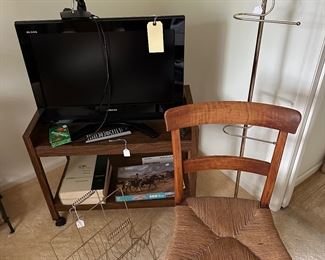 Toshiba TV, TV Stand, Vintage Magazine  Rack, Vintage Wood Chair, Vintage Towel Rack